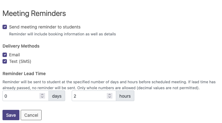 Screenshot of a web page for configuring meeting reminders showing options for email and text delivery methods and Reminder Lead Time.