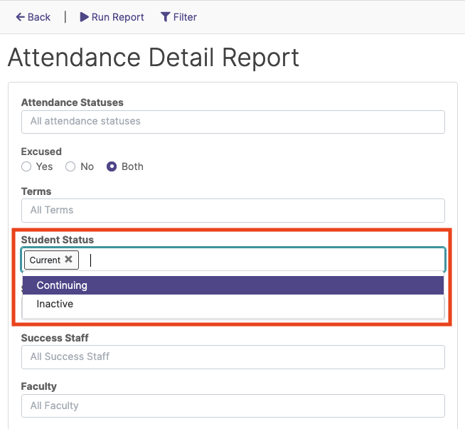 Screenshot of a web page titled Attendance Detail Report highlighting 'Student Status' section.