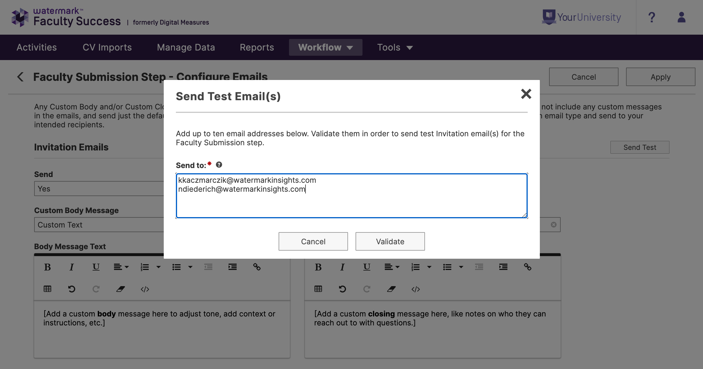 Watermark_Faculty_Success_-_Workflow_-_Schedule_-_Configure_Emails_-_Invitation_Emails_-_Send_Test_-_Entry_prompt_for_email_addresses_to_send_the_test_to.png