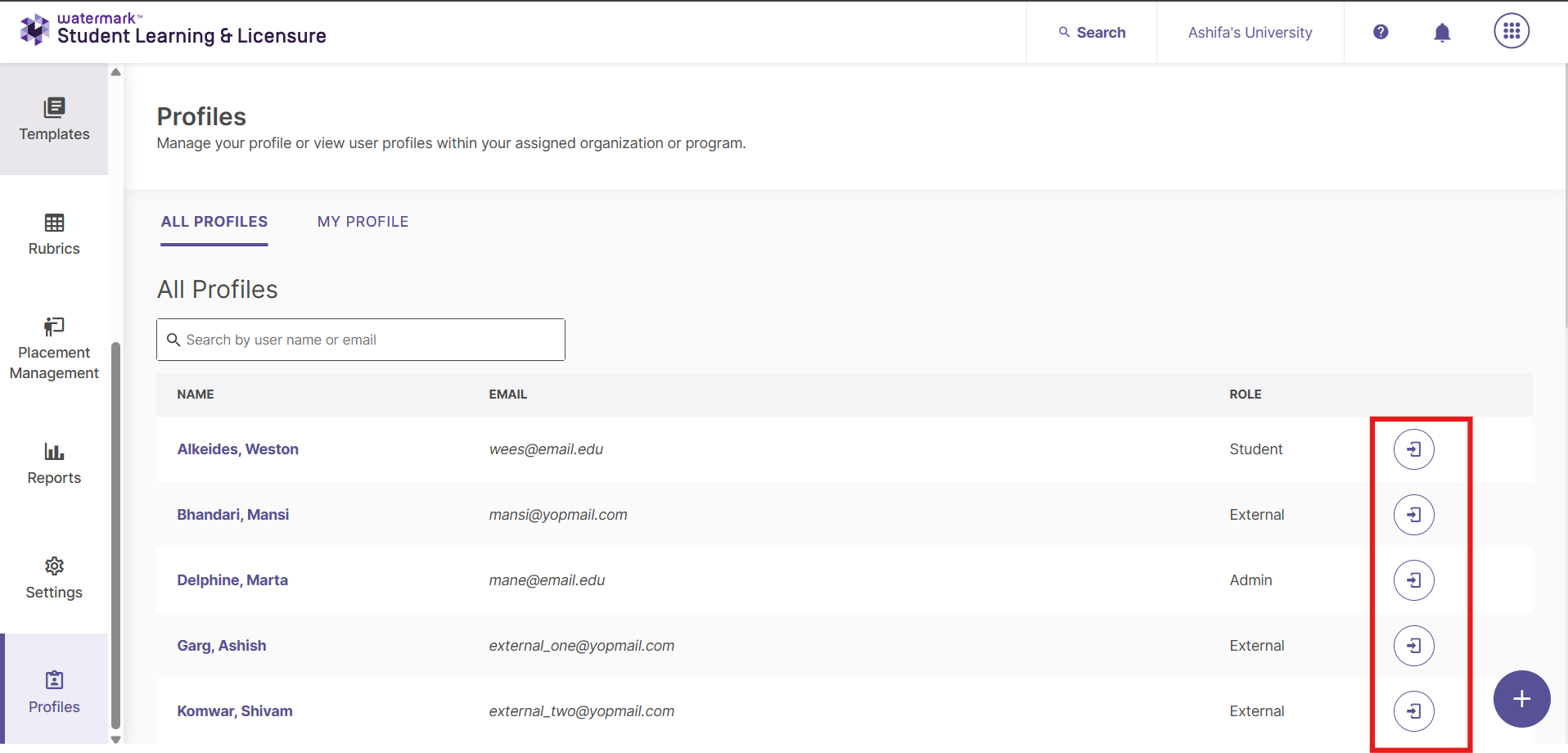 Screenshot of the "All Profiles" page, showing the "Login as user" button