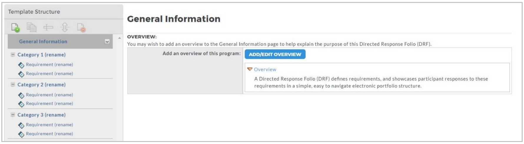 A template structure page showing General Information and multiple categories with requirements listed in the structure panel. The General Information section displays an overview area with an option to add or edit the overview and a sample overview description.