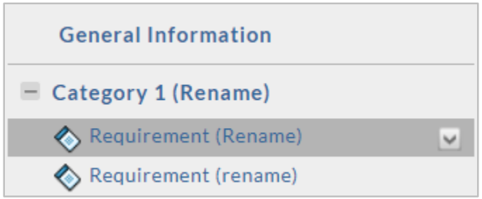 A template structure view showing General Information with Category 1 expanded, containing two requirements labeled Requirement (Rename). One requirement is selected.