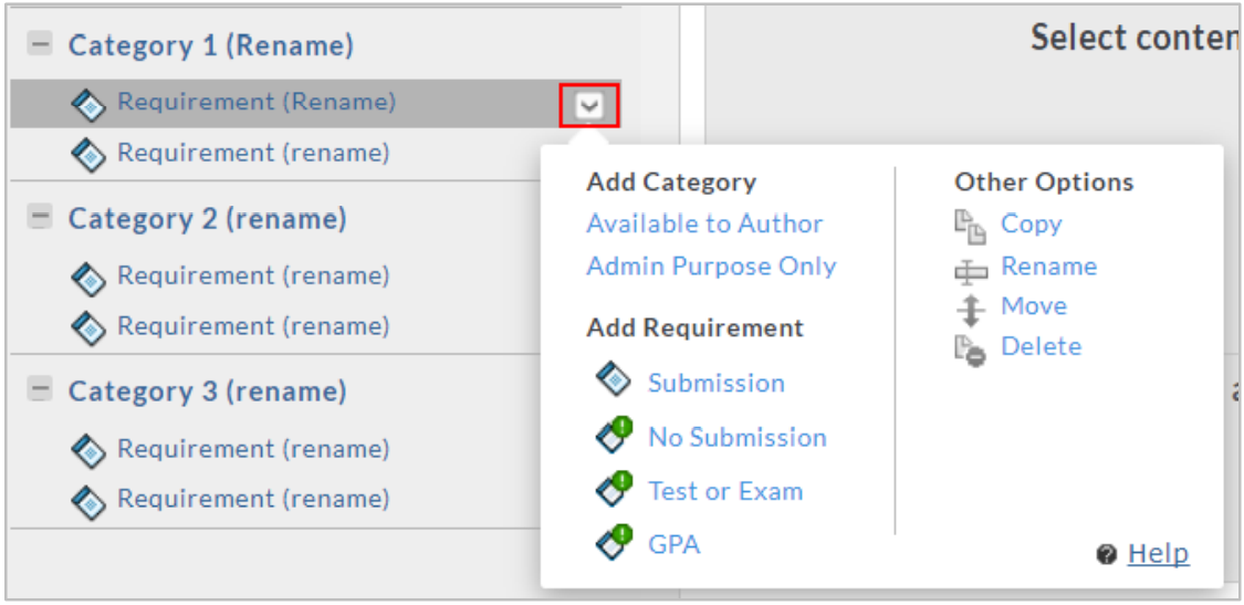 A template structure view showing Category 1 expanded with a requirement selected. An options menu is open, displaying actions to add a category for authors or admin purposes, add requirement types such as Submission, No Submission, Test or Exam, and GPA, and additional options to copy, rename, move, or delete.