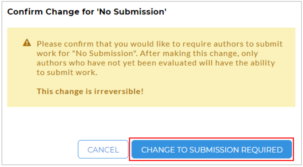 A confirmation window for changing a No Submission requirement, showing a warning that the change is irreversible and will require authors to submit work. A Change to Submission Required option is highlighted, with an additional option to cancel.