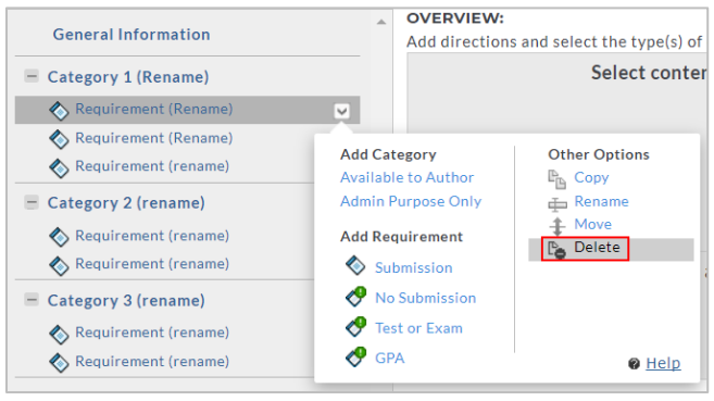 A template structure view showing Category 1 expanded with a requirement selected. An options menu is open with actions to add categories, add requirement types such as Submission, No Submission, Test or Exam, and GPA, along with options to copy, rename, move, or delete, with the Delete option highlighted.