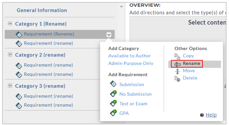A template structure view showing Category 1 expanded with a requirement selected. An options menu is open, displaying actions to add categories, add requirement types such as Submission, No Submission, Test or Exam, and GPA, and additional options including copy, rename, move, and delete, with the Rename option highlighted.