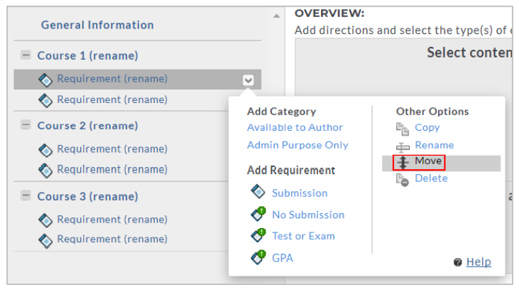 A template structure view showing multiple courses and requirements. An options menu is open for a selected requirement, displaying actions to add categories, add requirement types, and additional options including copy, rename, move, and delete, with the Move option highlighted.