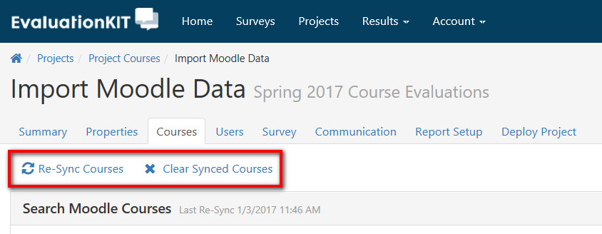 The 'Import Moodle Data' page under 'Project Courses' showing options to 'Re‑Sync Courses' and 'Clear Synced Courses,' along with navigation tabs and a section to search Moodle courses.