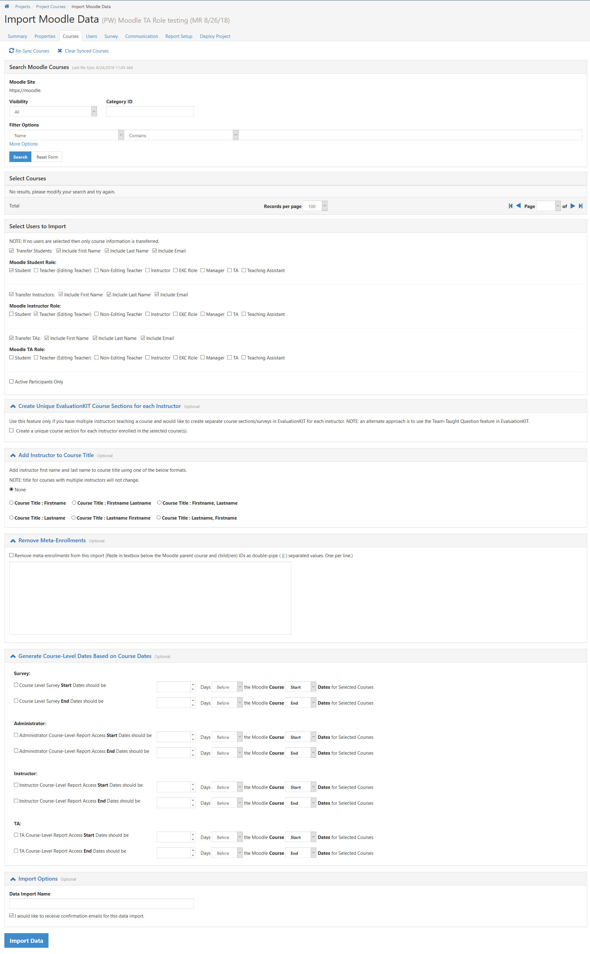 The 'Import Moodle Data' page under Project Courses showing the full course import interface, including search filters, course results, mapping sections, enrollment options, and an Import Data button.