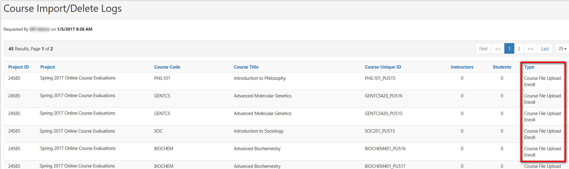 The 'Course Import/Delete Logs' page showing a table of imported courses with columns for Project ID, Project, Course Code, Course Title, Course Unique ID, Instructors, Students, and a highlighted Type column showing 'Course File Upload Enroll' for each row.