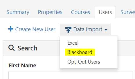 A Users page showing a Data Import menu with options for Excel, Blackboard, and Opt‑Out Users, with the Blackboard option highlighted.