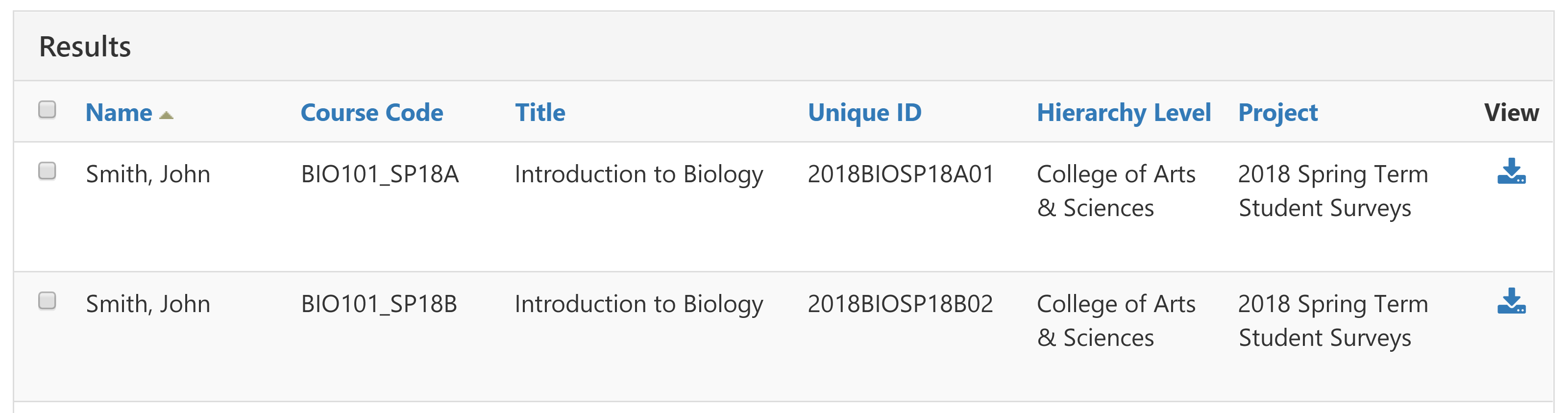 The Results table showing multiple course entries, including instructor names, course codes, titles, unique IDs, hierarchy levels, associated projects, and options to view each item by downloading them.