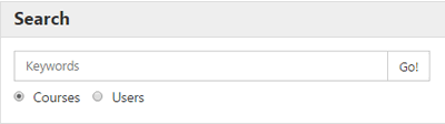 The Search bar with a keywords input field, ‘Go!’ button, and radio options to search by Courses or Users.