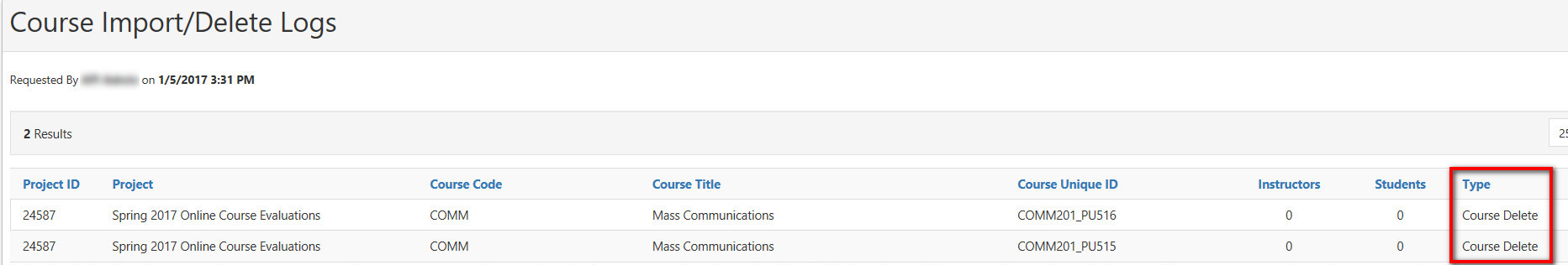 A logs page showing course import and delete results with a highlighted column indicating the type of each action.