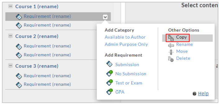 A template structure view showing multiple courses and requirements. An options menu for a selected requirement displays actions to add categories, add requirement types, and additional options including copy, rename, move, and delete, with the Copy option highlighted.
