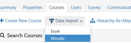 The 'Courses' page showing the Data Import menu expanded with options for Excel and Moodle, with Moodle highlighted.