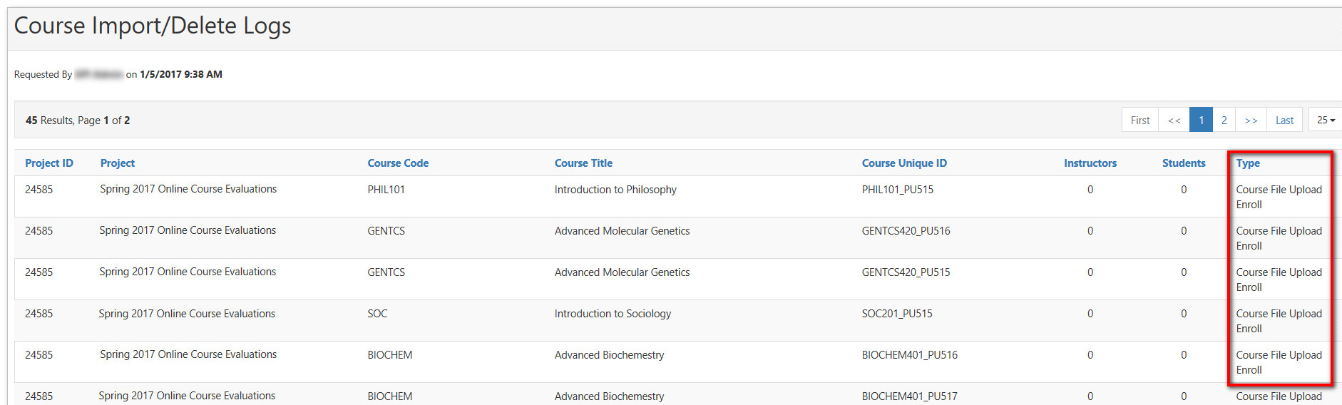 The Course Import/Delete Logs page showing a table of imported courses. The table displaying columns for Project ID, Project, Course Code, Course Title, Course Unique ID, Instructors, Students, and Type, with multiple rows in the Type column labeled Course File Upload Enroll.