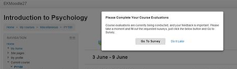 An Introduction to Psychology course page showing a pop‑up message requesting completion of course evaluations with buttons labeled 'Go To Survey' and 'Do It Later'.