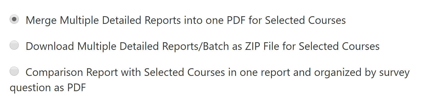 The report option list showing choices to merge detailed reports, download multiple reports as a ZIP file, or generate a comparison report.