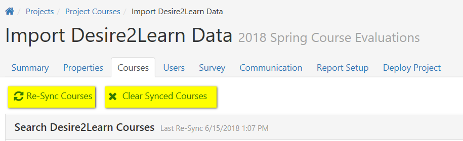 The Import Desire2Learn Data page showing the Courses tab selected with options to re-sync or clear synced courses.