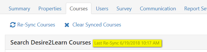 The Courses page showing options to re-sync or clear synced courses, with a highlighted note indicating the most recent course sync date and time.
