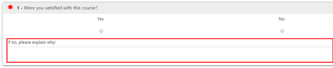 The question asking 'Were you satisfied with this course?' showing response options for Yes and No, with a highlighted text box below labeled 'If no, please explain why.'