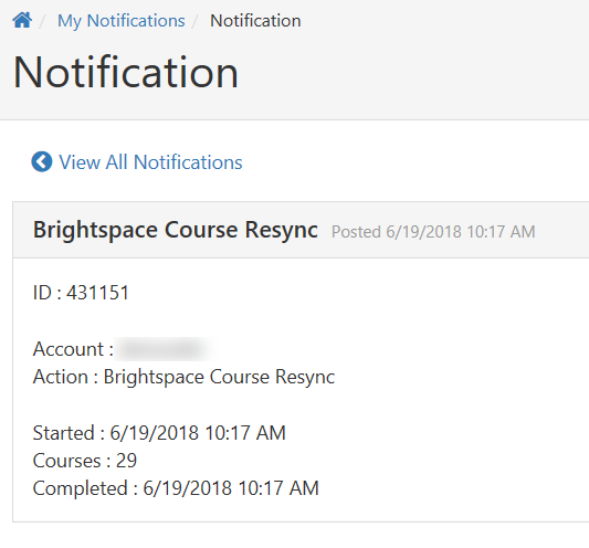 The Notification details page showing a Brightspace Course Resync entry with its status information and timestamps.