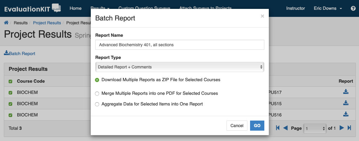 The Project Results page showing multiple courses selected and the Batch Report button highlighted.