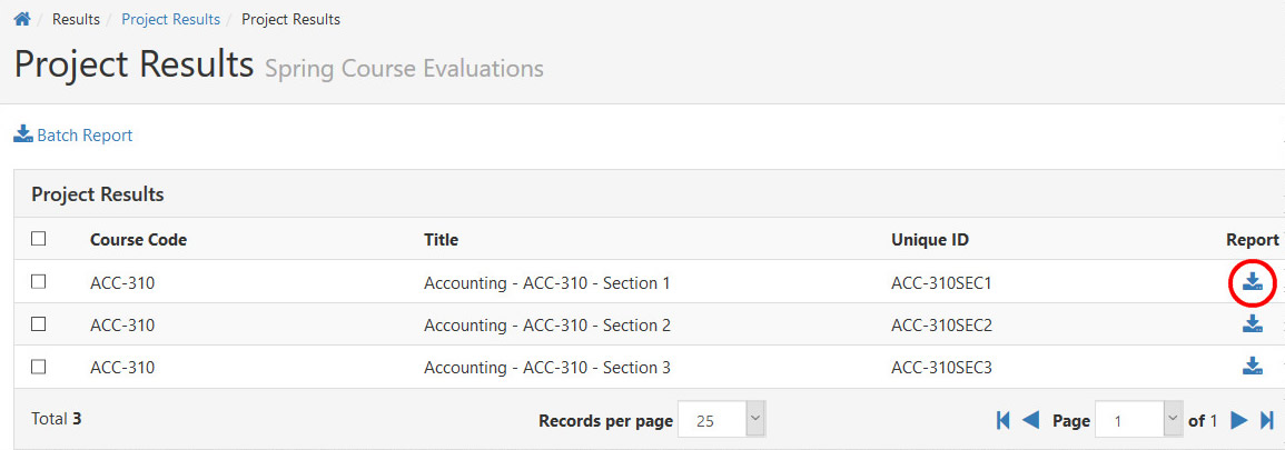 A Project Results page for Spring Course Evaluations showing a table with course code, title, and unique ID for three ACC‑310 sections, each with an option to download the report highlighted.