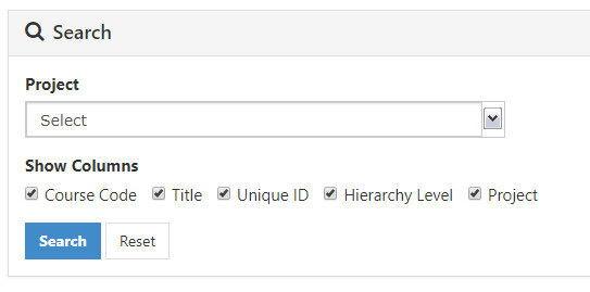 The Search panel showing a project selector and column display options.