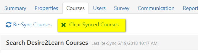 The Courses page showing the option to clear synced courses highlighted above the section for searching Desire2Learn courses, along with a note of the most recent sync date and time.