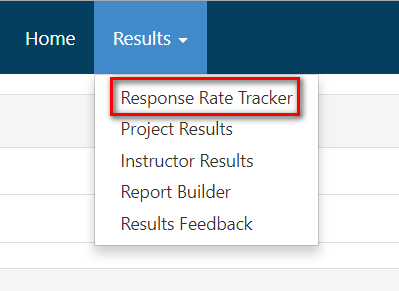 A Course Evaluations & Surveys interface showing the Results navigation menu with the Response Rate Tracker option highlighted.