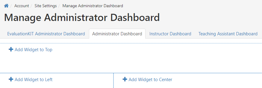 The Manage Administrator Dashboard page showing tabs for EvaluationKIT Administrator Dashboard, Administrator Dashboard, Instructor Dashboard, and Teaching Assistant Dashboard, with Administrator Dashboard highlighted. Page showing options to add widgets to the top, left, and center areas.