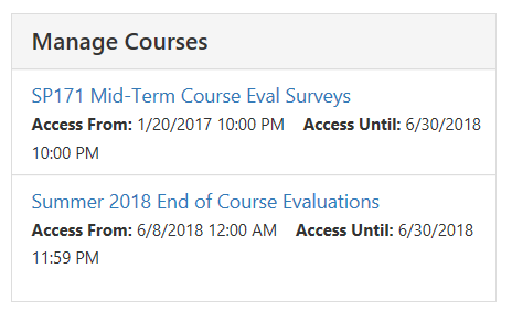 The Manage Courses section showing two course entries with titles and access dates labeled Access From and Access Until.