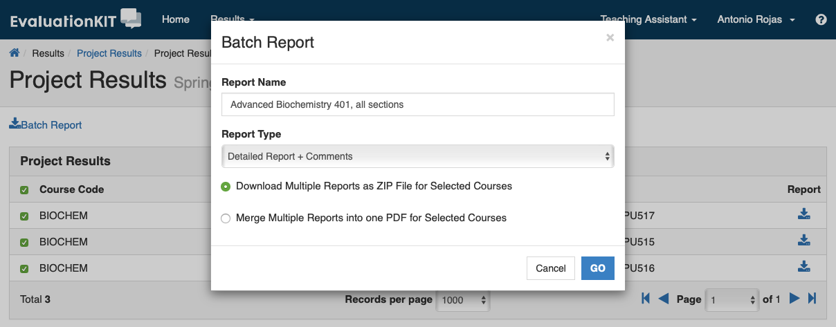A Batch Report window showing a field for the report name, a dropdown for selecting the report type, options to download multiple reports as a ZIP file or merge them into one PDF, and buttons to cancel or proceed.