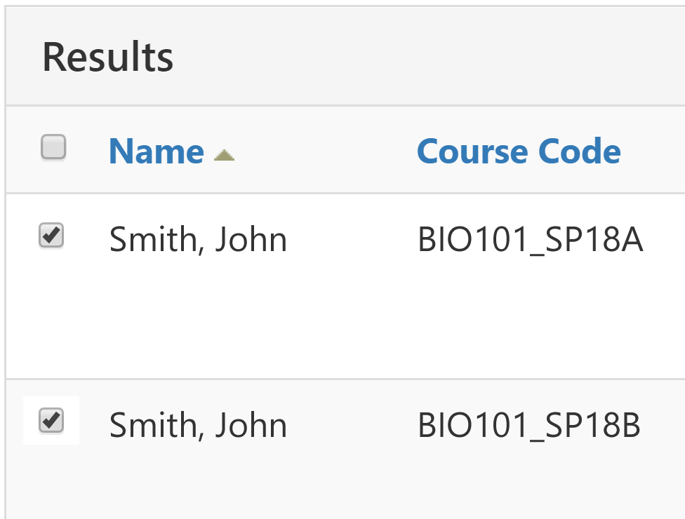The Results table showing selected course entries with checkboxes marked beside the instructor name and course code.