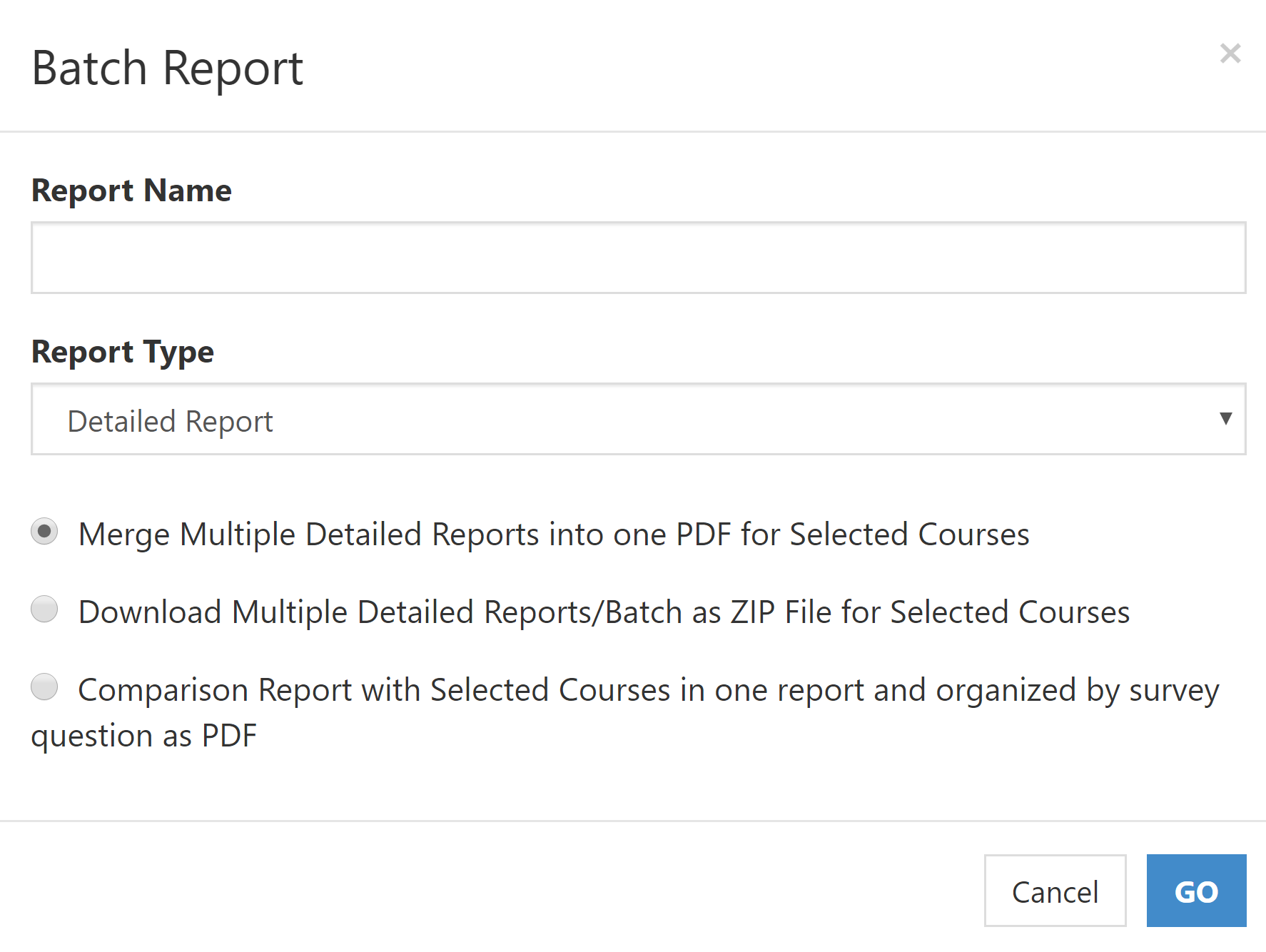 The Batch Report dialog showing fields for entering a report name, selecting a report type, and choosing from options to merge reports, download reports as a ZIP file, or generate a comparison report.