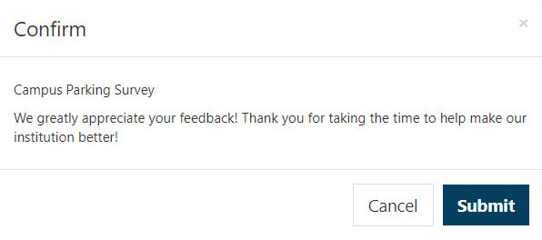 The Confirm dialog is appearing above the survey submission page showing the survey title and the confirmation message, with Cancel and Submit buttons displayed at the bottom.