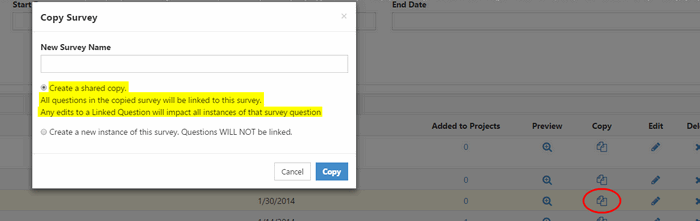 A Surveys page showing a list of surveys with a Copy option used to create a shared copy of an existing survey.
