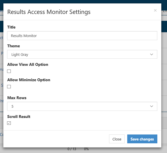 The Results Access Monitor Settings window showing fields for Title and Theme, options to allow View All and Minimize, a Max Rows field, a Scroll Result checkbox, and Close and Save changes buttons.