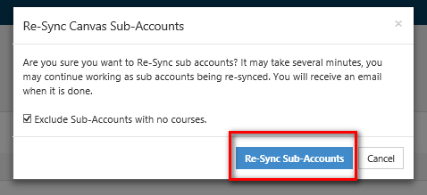 The Re‑Sync Canvas Sub‑Accounts dialog showing a message about re‑syncing sub‑accounts, an Exclude Sub‑Accounts with no courses checkbox, and a Re‑Sync Sub‑Accounts button highlighted alongside a Cancel button.