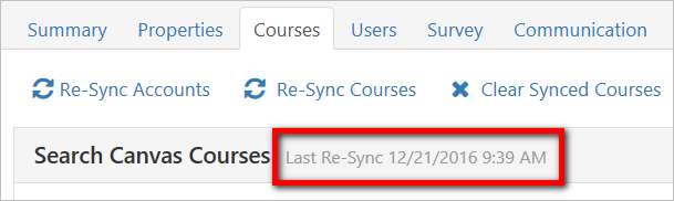 A Courses page showing course management options with a highlighted label indicating the last re‑sync date and time.