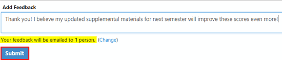 The Add Feedback section showing a feedback text box, a message stating feedback will be emailed to 1 person with a Change link, and a Submit button.