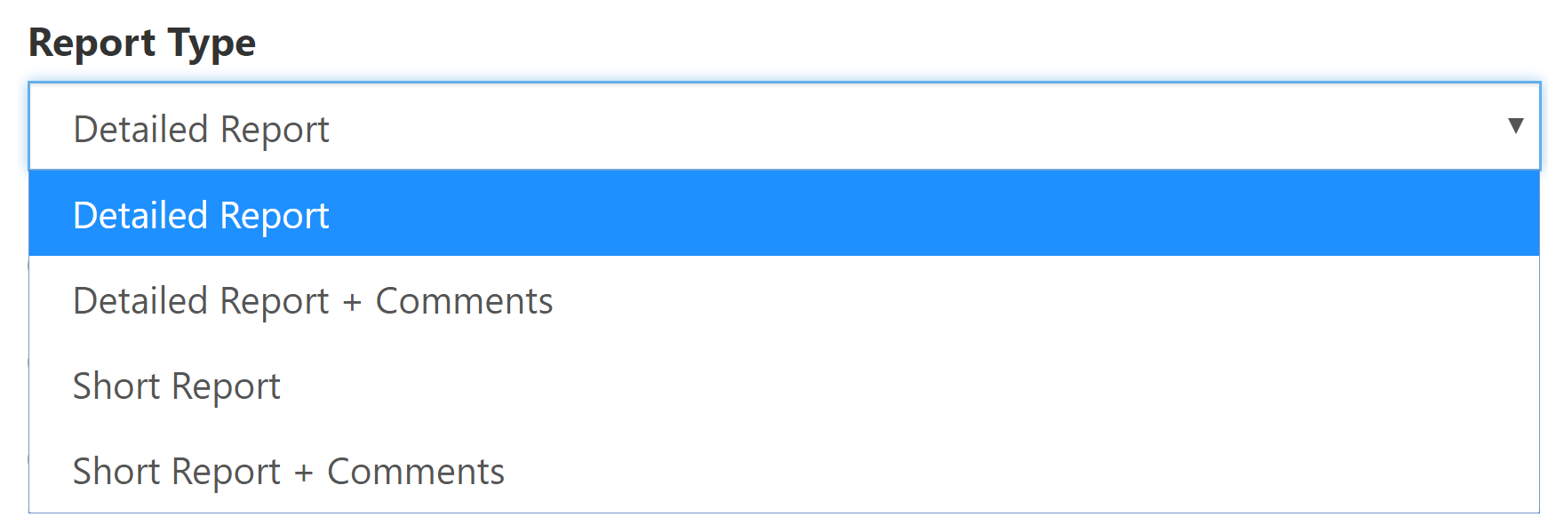 The Report Type dropdown showing available report format options, with Detailed Report highlighted.