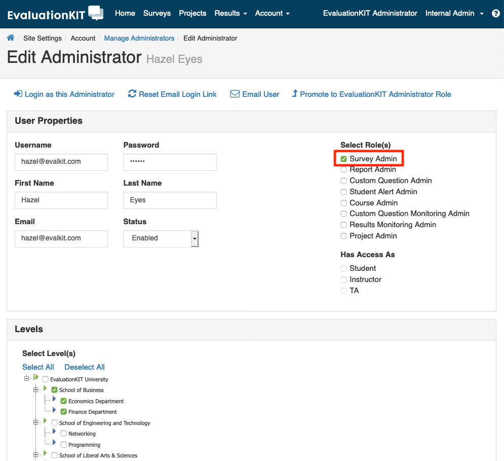 The Edit Administrator page showing user properties with fields for username, password, first name, last name, email, and status. Role selection area showing multiple admin role checkboxes with Survey Admin checked and highlighted. Access section showing options for student, instructor, and TA. Levels section showing expandable list of departments with selection checkboxes.
