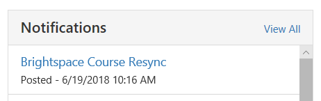The Notifications panel showing a Brightspace Course Resync entry with its posted date and time.