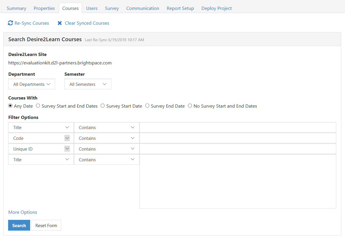 The page showing the Desire2Learn course search interface with fields for site information, department and semester filters, course date options, and additional filter criteria above the search and reset buttons.