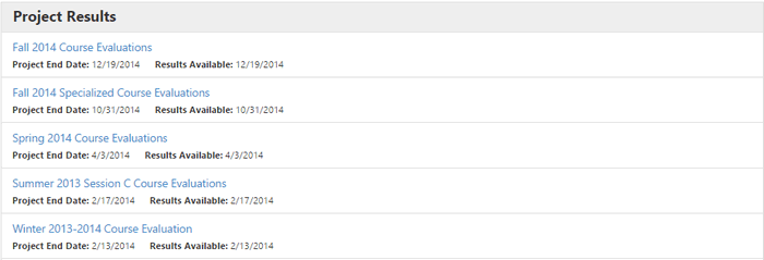 The Project Results section showing listed course evaluation projects with project end dates and results available dates displayed under each title.