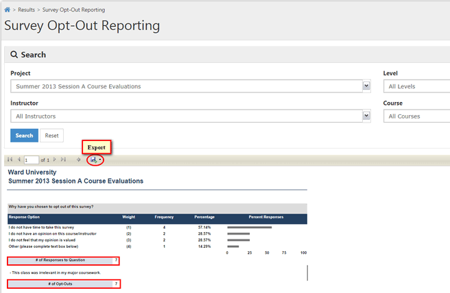 A Survey Opt‑Out Reporting page showing search filters for project, instructor, level, and course, with options to search or reset. The results section shows an export toolbar with a highlighted Export icon and a summary report titled ‘Summer 2013 Session A Course Evaluations.’ The report table shows response options with weights, frequencies, percentages, and percent responses, along with summary counts labeled ‘# of Responses to Question’ and ‘# of Opt‑Outs.