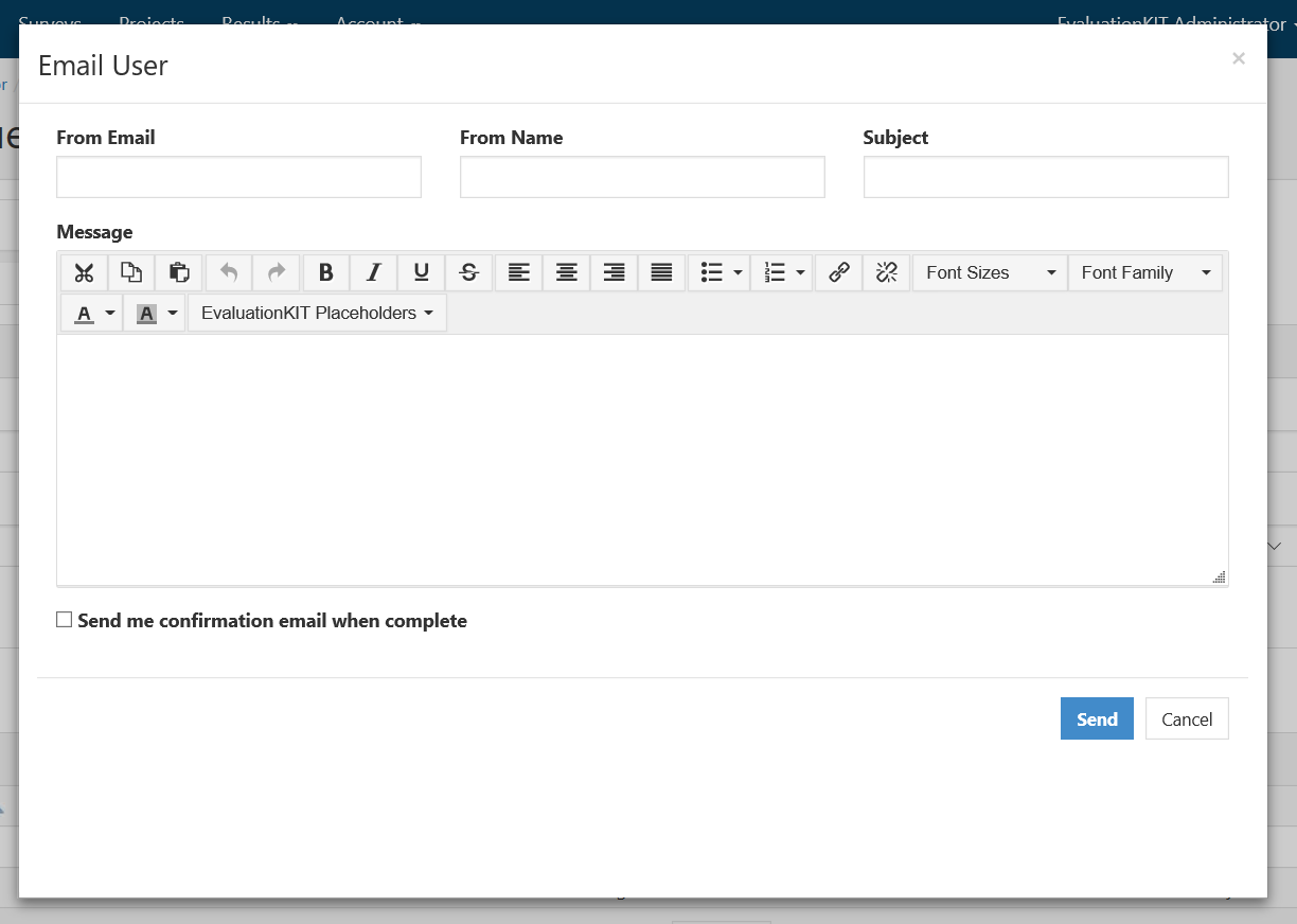 An email user window showing fields for from email, from name, subject, and message, along with options to send a confirmation email and Send and Cancel buttons.